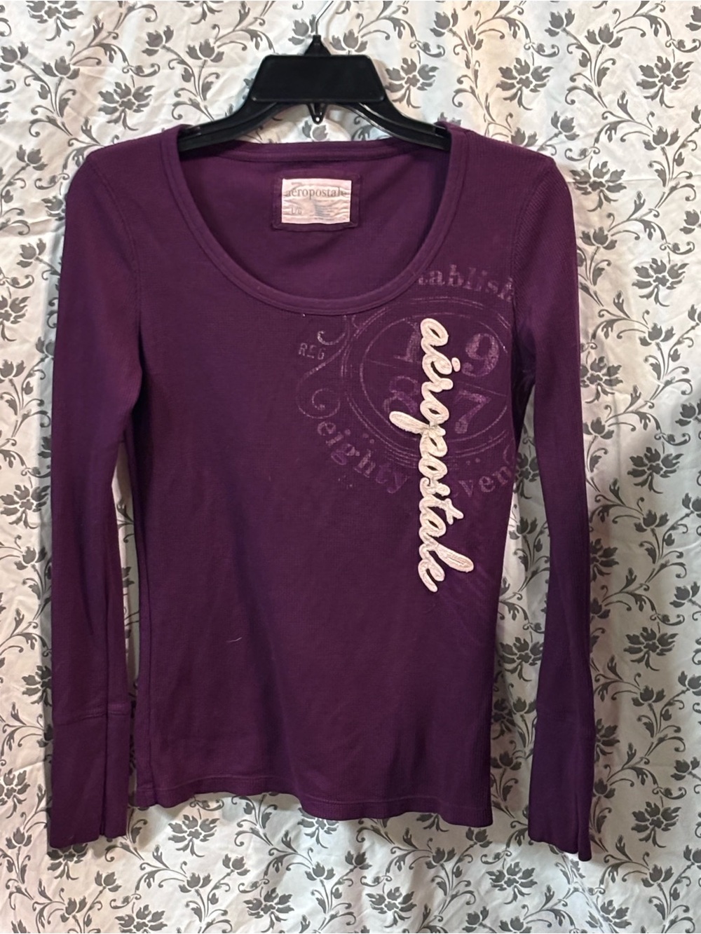 Aeropostale Women's Long Sleeve Scoopneck Top - Plum Purple with Script Detail